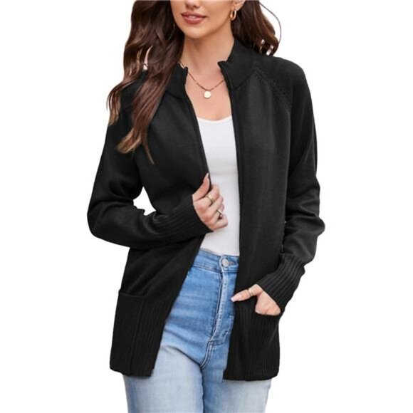 Women's Long Sleeve Zip Up Knit Cardigan with Pockets Stand Collar - Picture 1 of 7